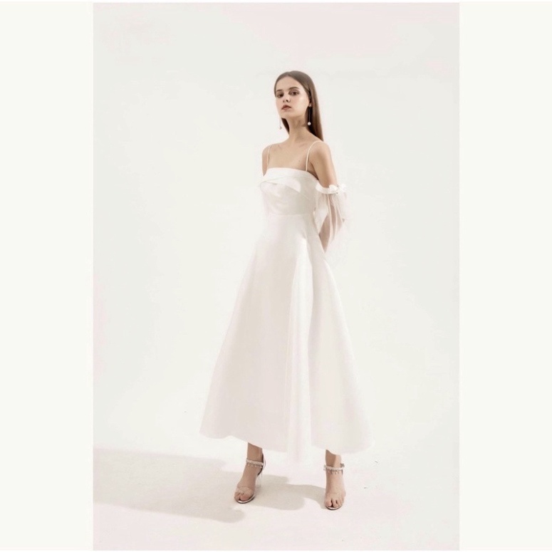✨Quảng Châu✨ Đầm xoè rớt vai hai dây phối tay lưới có nơ tay chất lụa taffeta Sunnyy_mall - si