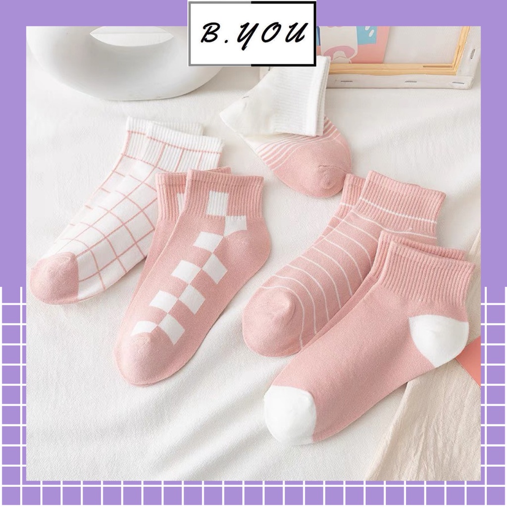 Tất cổ ngắn dành cho nữ phong cách hàn quốc nhẹ nhàng chất liệu thoáng mát, thấm mồ hôi tone hồng trắng