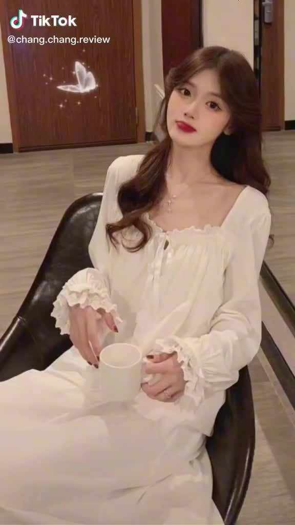 Váy ngủ dài tay mùa xuân, thu | Đầm ngủ mùa đông tay dài phối ren công chúa Hàn Quốc ngọt ngào cao cấp | BigBuy360 - bigbuy360.vn