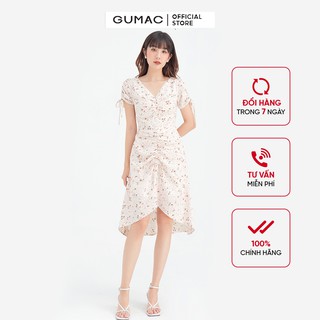 Đầm nữ cổ V rút nhún GUMAC họa tiết hoa nhí dễ thương DB647