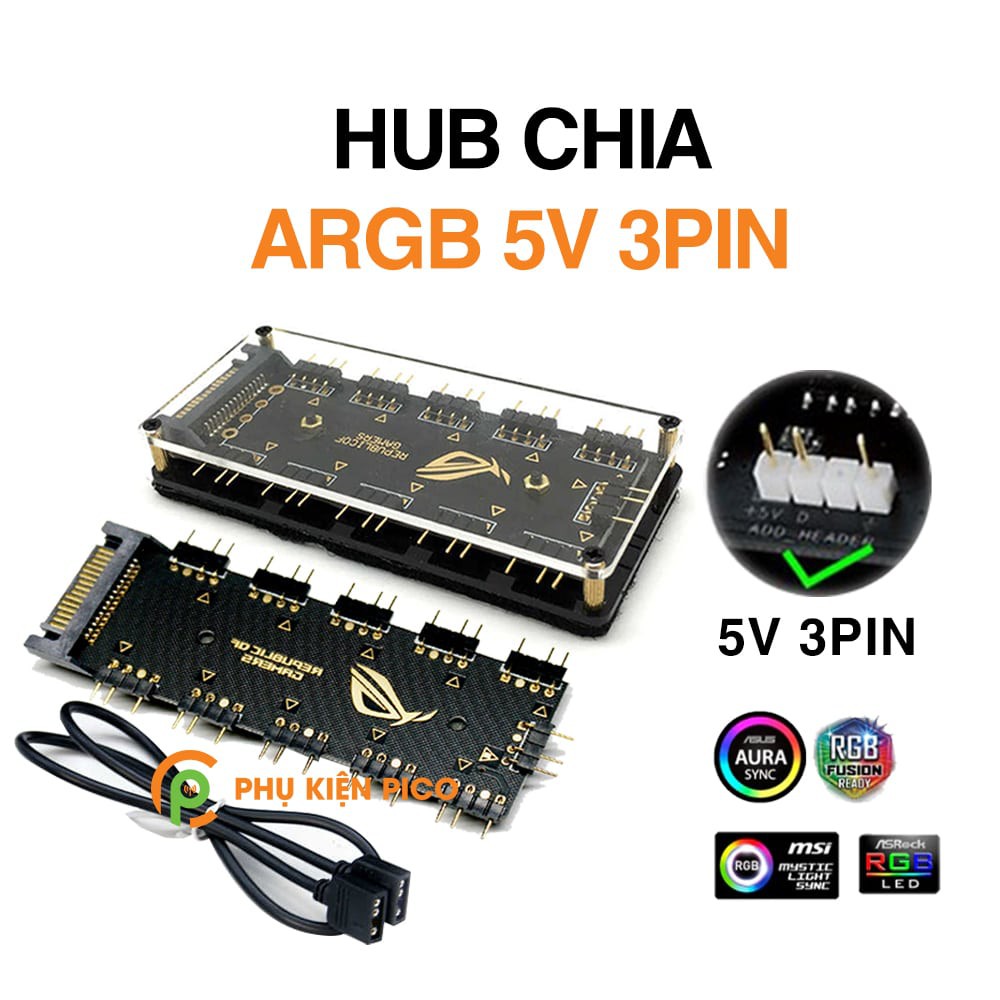Hub chia ARGB 5V - Bộ chia led quạt ARGB 5V 3pin 10 cổng hỗ trợ Mainboard Gigabyte, Asus, MSI, Asrock
