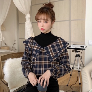 Áo sơ mi sọc kiểu Hàn Quốc thời trang, cổ tròn, cổ lọ