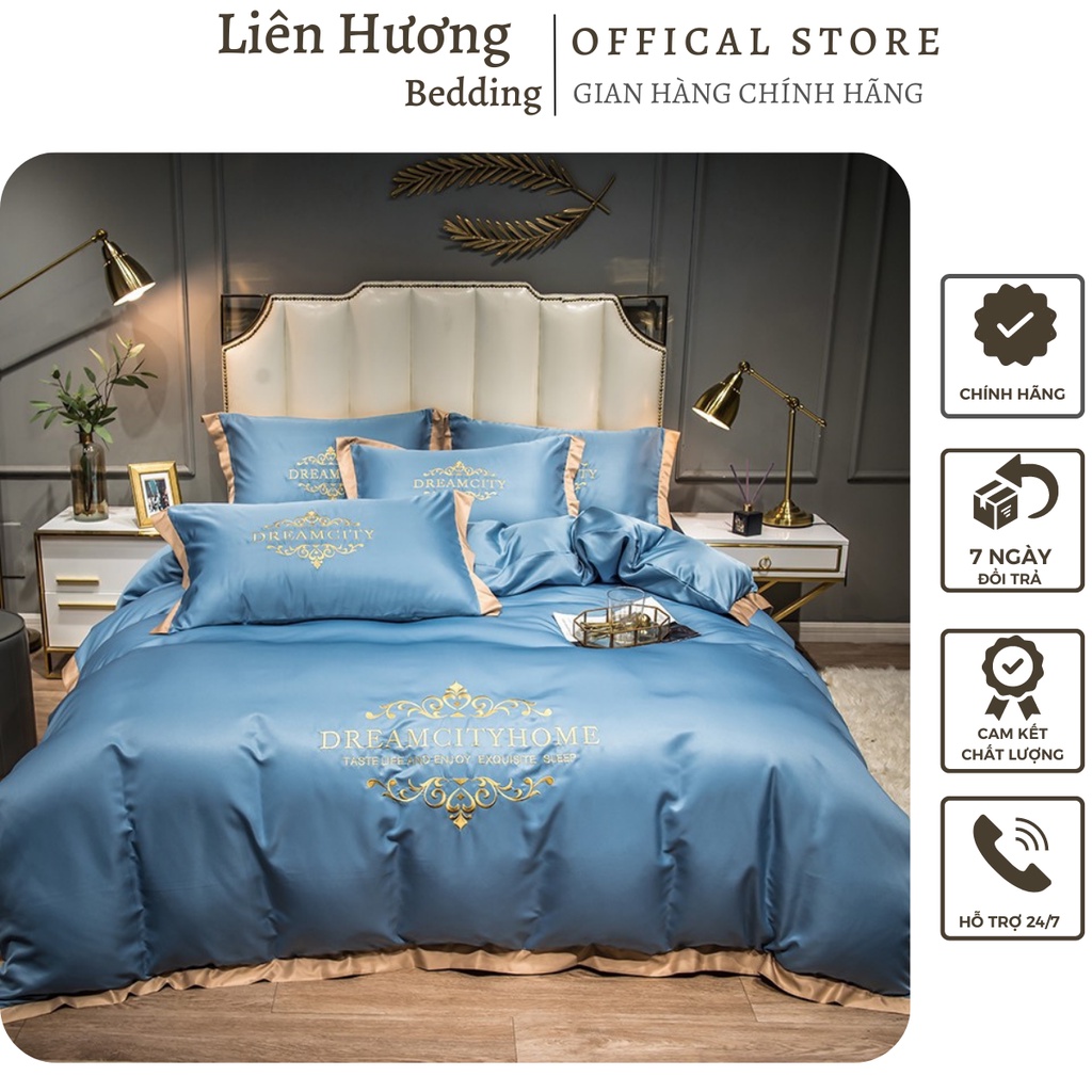 Bộ chăn ga gối lụa Dream City Home tân cổ điển, Chất Liệu phi lụa không nhăn mềm mịn,thoáng mát họa tiết thêu sang trọng