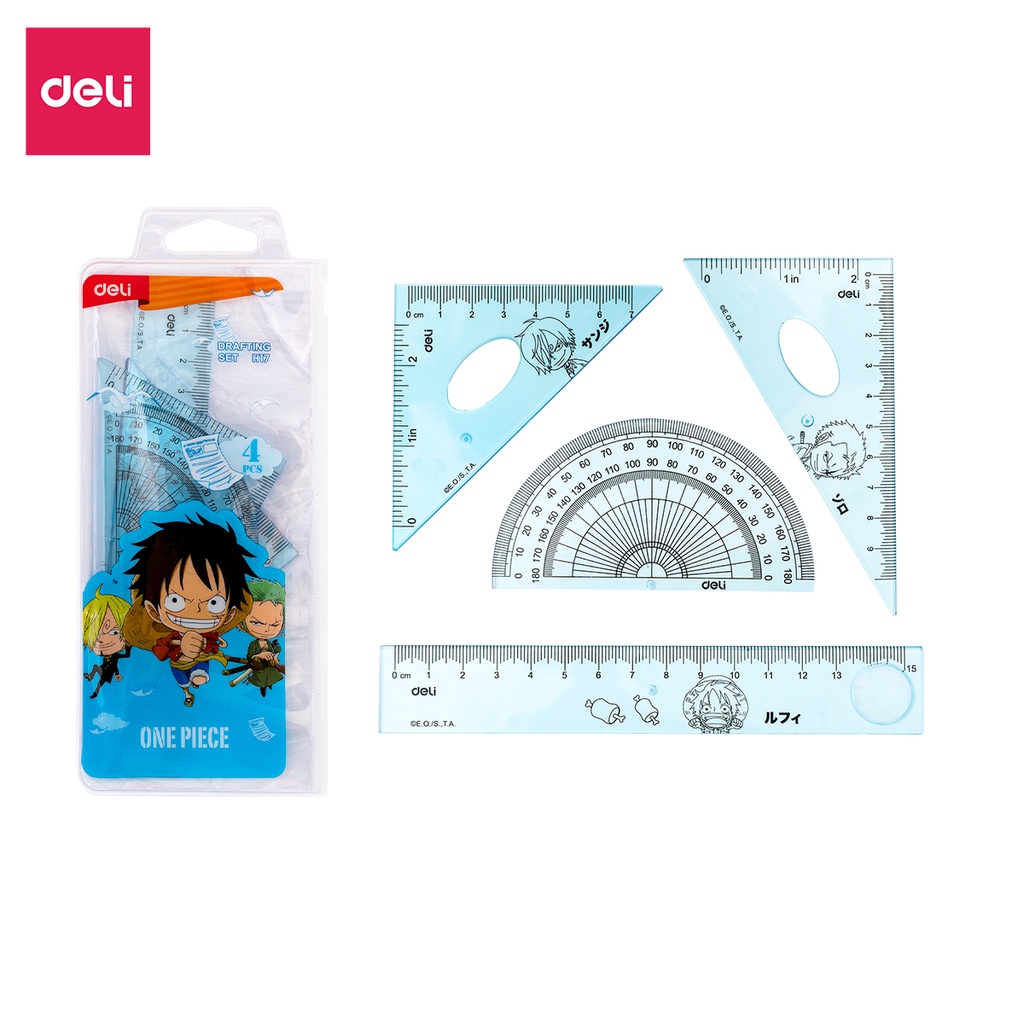 Bộ 4 dụng cụ eke học sinh Deli One Piece - 1 bộ eke thước kẻ đo góc tam giác vuông - màu ngẫu nhiên - EH17