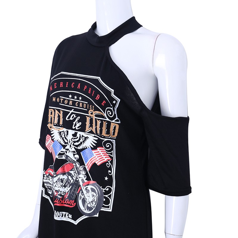 Áo thun nữ hở vai tay ngắn in hình đại bàng phong cách Punk Rock