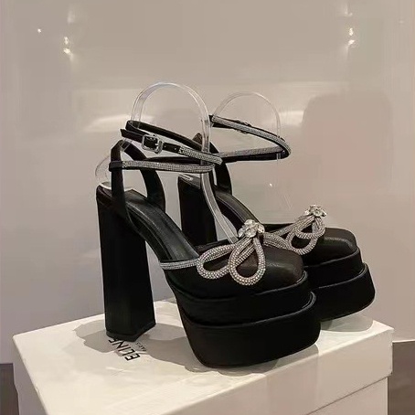 Giày sandal cao gót vải satin đính đá chống nước thời trang hè năm 2022 cho nữ