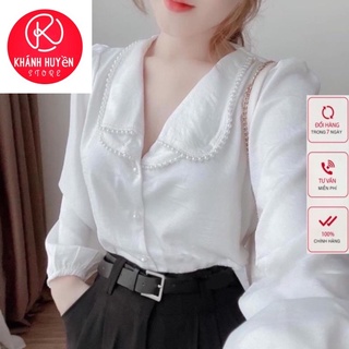 Áo sơ mi trắng nữ chất lụa phối ngọc sang chảnh KH658