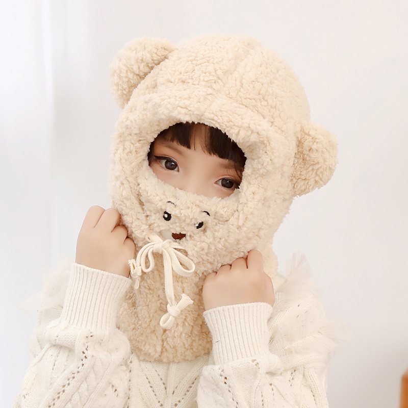 Mũ Len Lông Cừu Trùm Tai Kèm Khẩu Trang Hình Gấu Cho Bé Từ 4-18 tuổi có dây điều chỉnh kích thước
