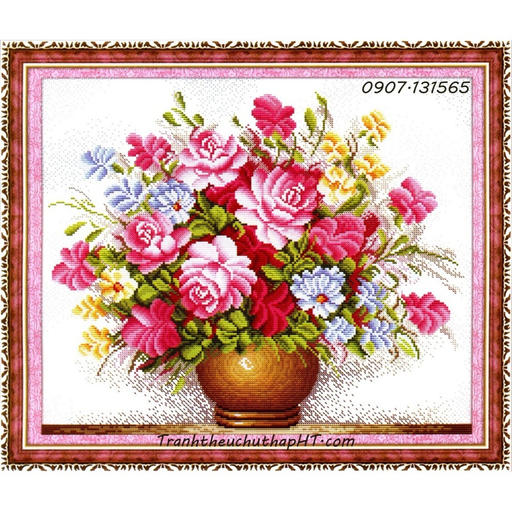 Tranh thêu chữ thập Bình hoa khoe sắc 55*47cm H202 (full 100%)