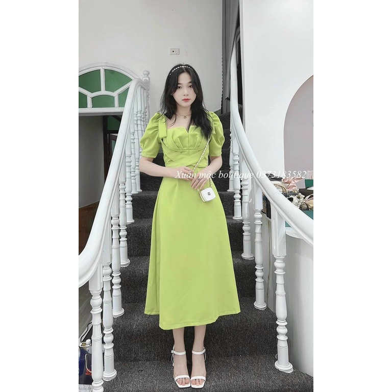 TTL Đầm xanh bơ xếp ly ngực đan dây cột nơ tay lỡ phồng dự tiệc tiểu thư sang chảnh