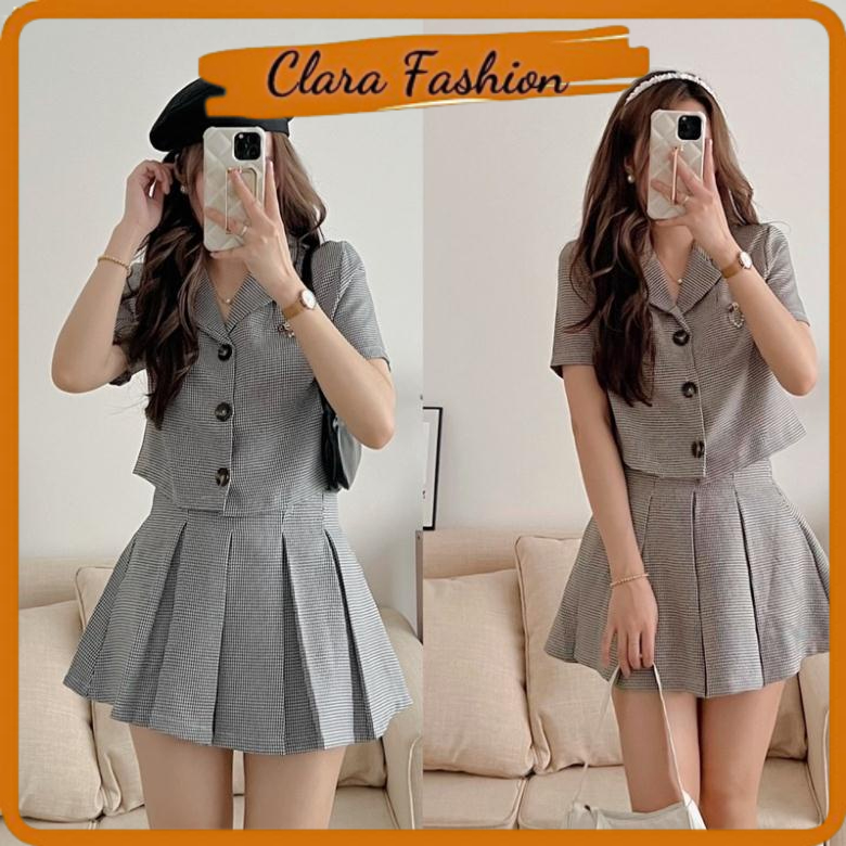 Set Dạ Kẻ Croptop Chân Váy Xếp Ly 2 Màu Kèm Tag Có Ảnh Thật Clara Siêu Xinh