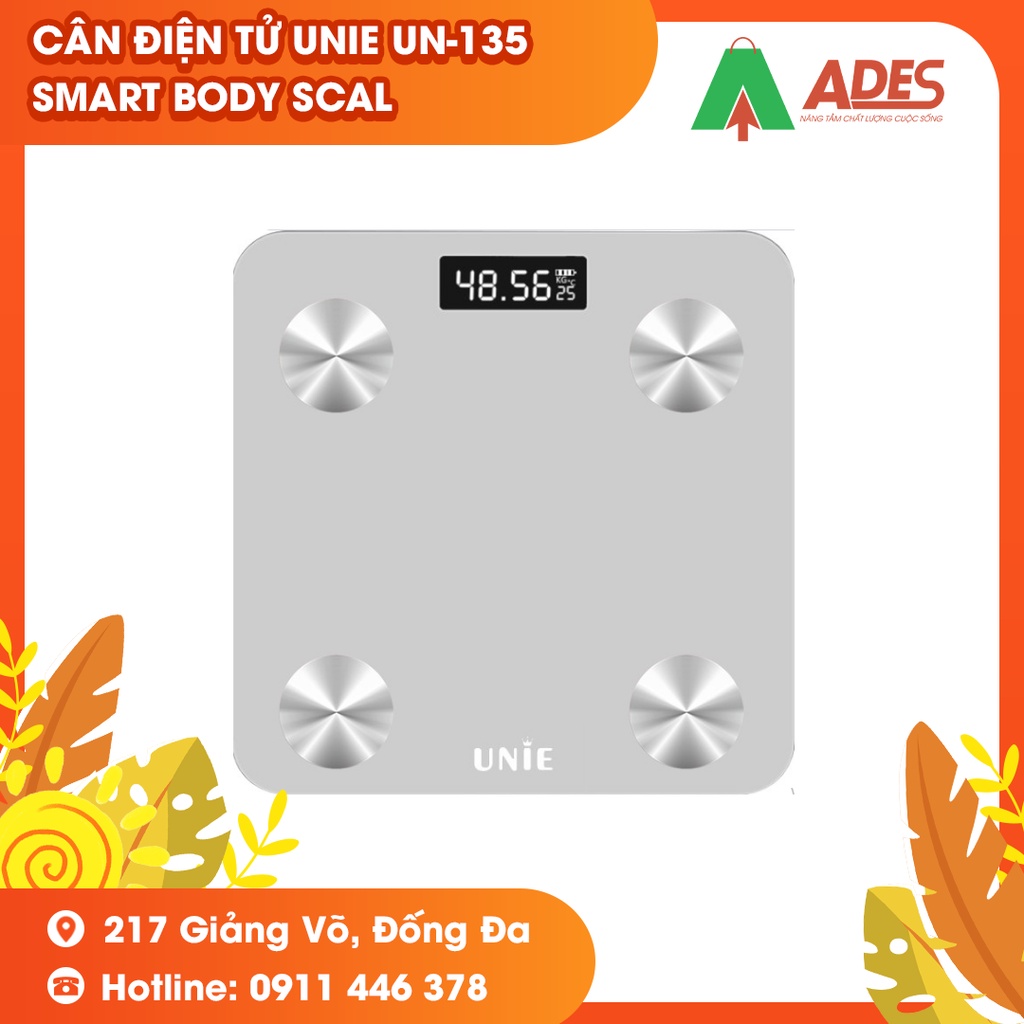 Cân Điện Tử UNIE UN-135 - Smart Body Scale - Mặt Kính LED Cường Lực Liên Kết Qua App Điện Thoại - Hàng chính hãng