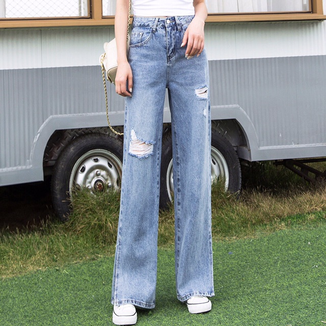 Quần Dài 97-105cm Jeans Suông Lưng Cao Qua Rốn BigSize / Quần Suông Ống Rộng Xanh Nhạt RÁCH Mã 391 Phom To