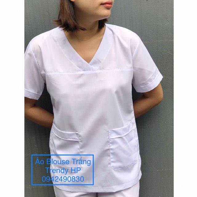 Áo blouse trắng cổ tim phẫu thuật nam nữ cộc tay - áo blu trắng bác sĩ, y tá, dược sĩ cổ tim nam nữ