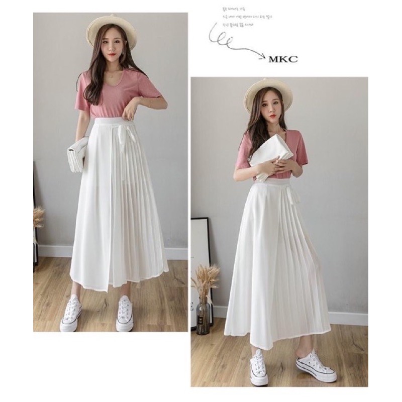 Quần voan chiffon ống rộng giả váy đấp tà cột nơ có bigsize