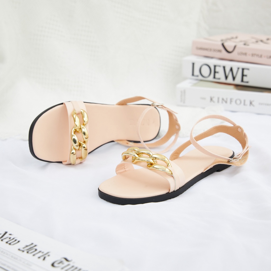 Giày Sandal Nữ thời trang MWC sandal đế thâp quai ngang màu đen kem siêu xinh NUSD- 2875