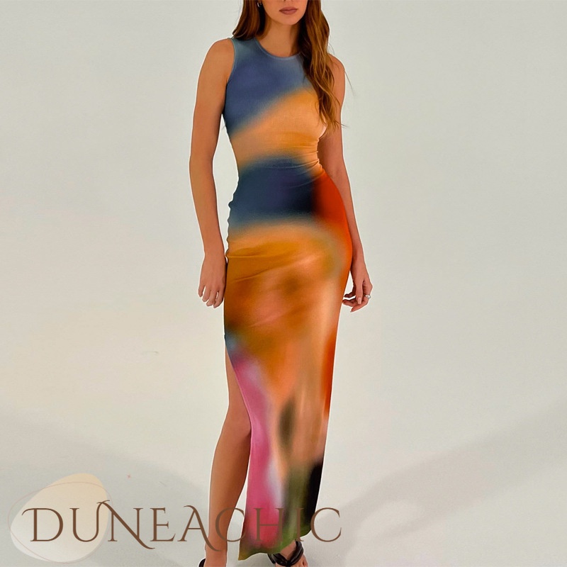 DUNEA Đầm ôm xẻ tà in họa tiết màu nhuộm quyến rũ dành cho nữ