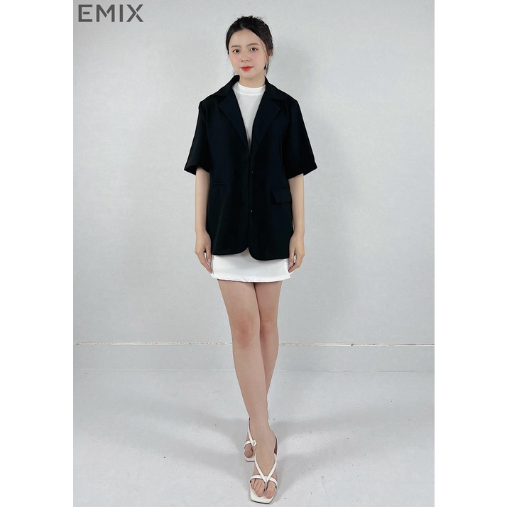 Áo vest cộc tay EMIX (3 màu), blazer, dáng dài, khoác, 2 cúc, form rộng, đi học, đi làm, chất vải trượt Hàn 6087