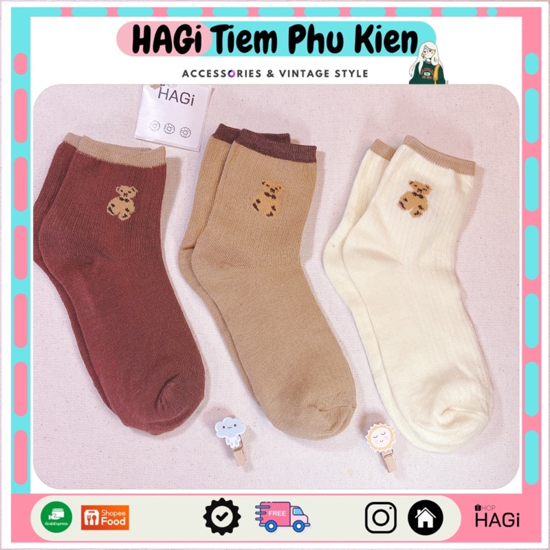 Set 3 Đôi Tất nữ Vintage Gấu teddy Phối màu Dễ thương Phong cách Hàn quốc Học sinh Sinh Viên