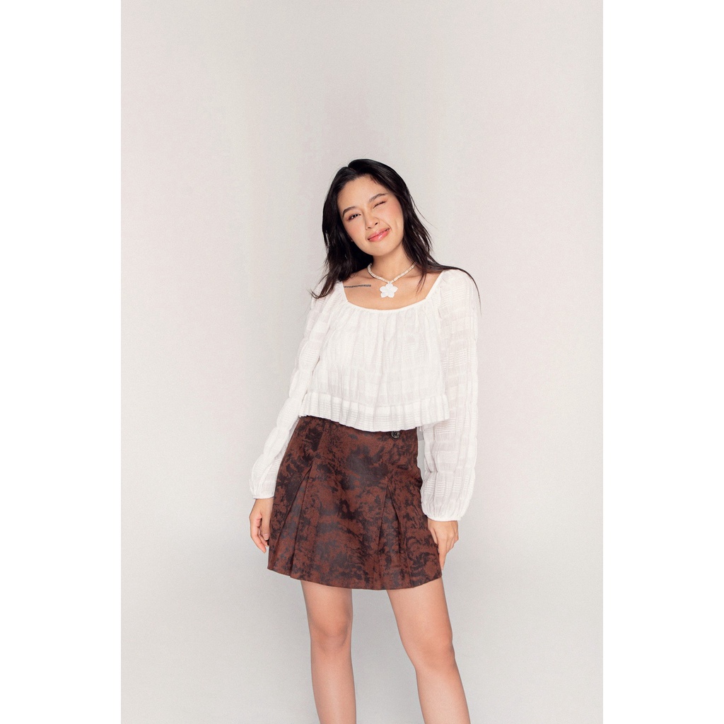 LIBÉ - Chân váy Faux Suede xếp ly màu nâu