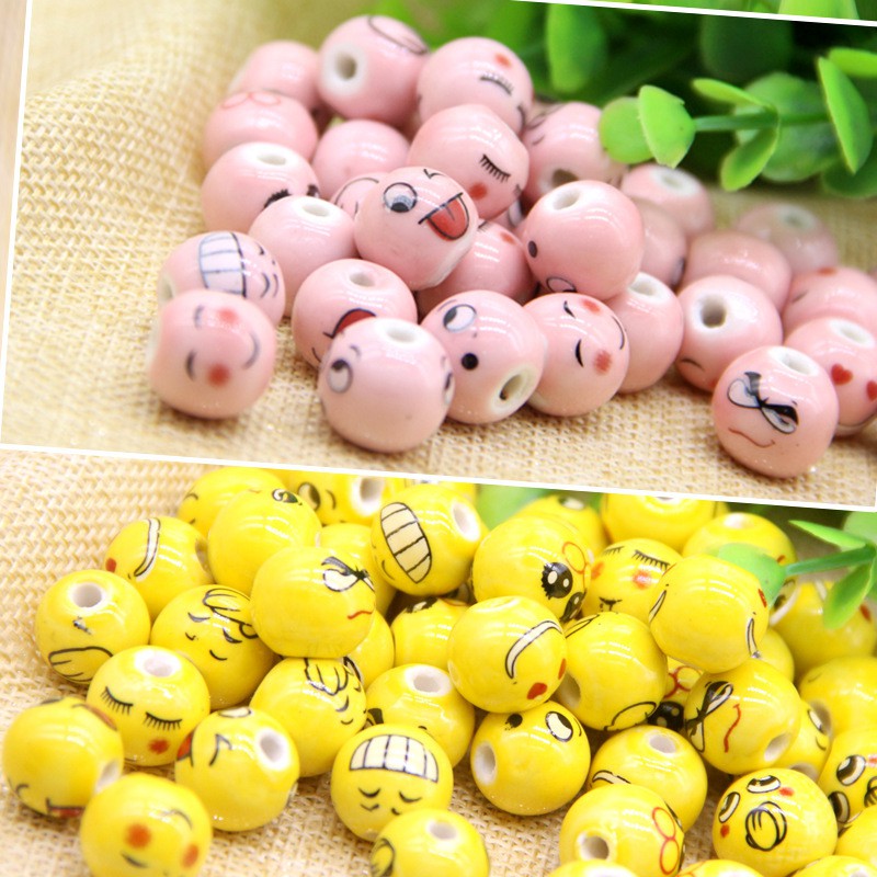 Túi 10 Hạt Sứ Xâu Chuỗi 14mm Hình Mặt Cười Dùng Làm Trang Sức Thủ Công