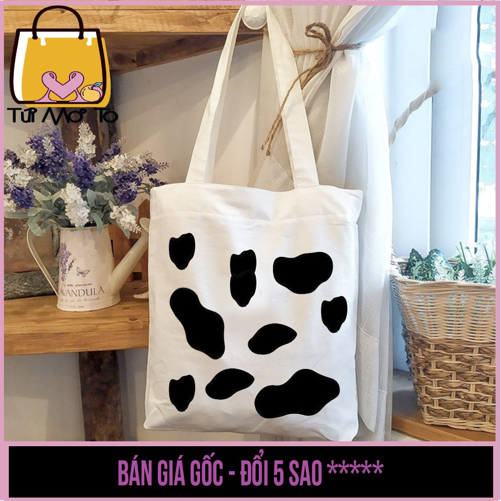 Túi tote, túi vải canvas in hoạt tiết 2 mặt sữa bò có khóa kéo - Túi Mơ To store