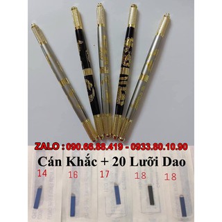 [ Set 2 món ] - Cán khắc chân mày 2 đầu + 20 cái Lưỡi dao 18U tròn ( hoặc 20 cái Lưỡi dao xéo 14F-16F-18F điêu khắc )