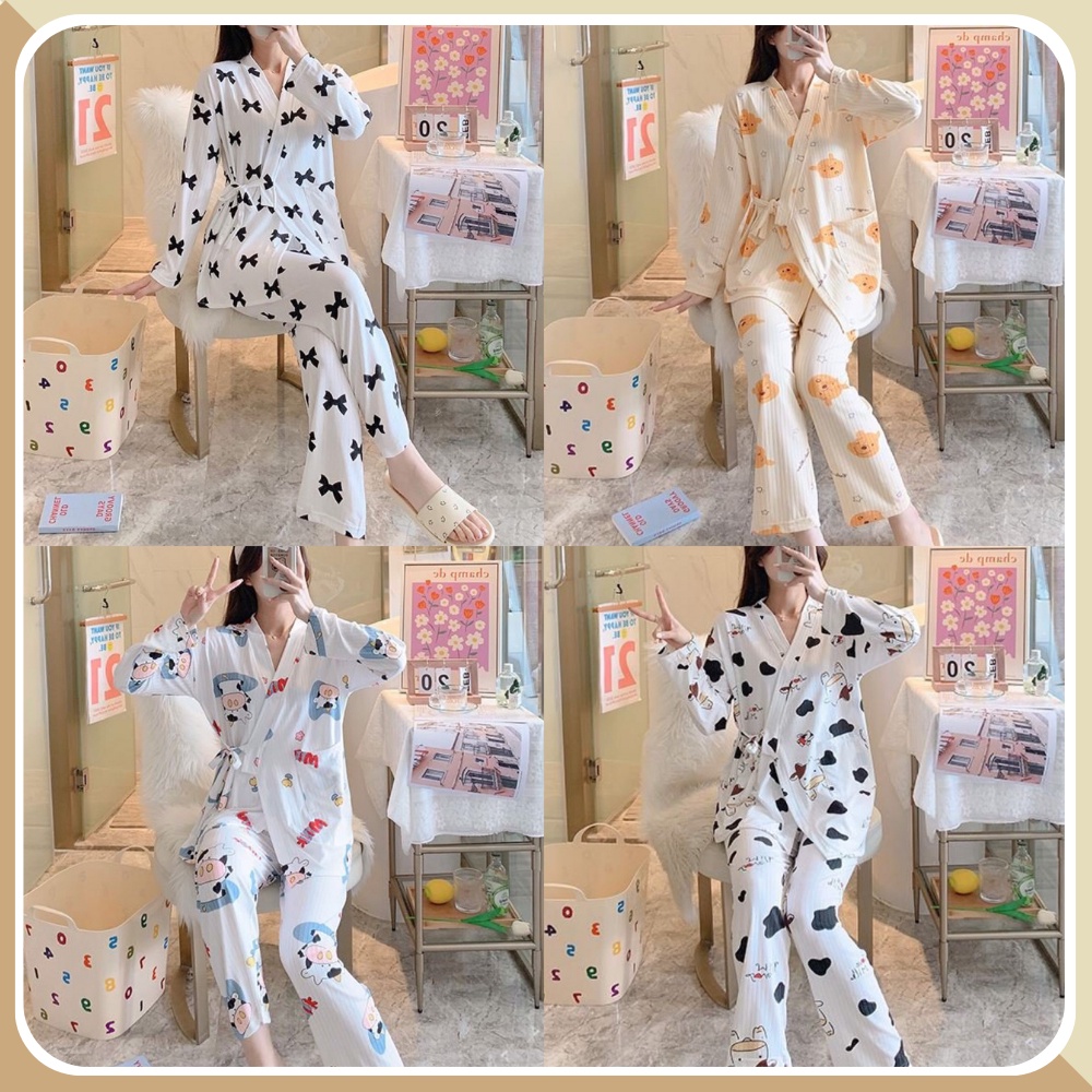 Bộ ngủ pijama kimono mặc nhà chất cotton tăm, đồ ngủ kimono cho bé và mẹ bầu