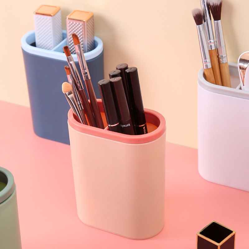 Hộp đựng bút 2 ngăn nhựa để bàn làm việc văn phòng kiểu dáng Hàn Quốc cute, ống đựng bút  gắn sticker xinh xắn - HOKAMI