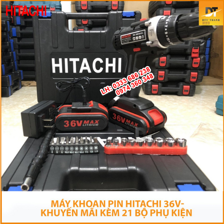 Máy Khoan Pin Cầm Tay Hitachi 36V Có Búa – 2 Pin - Khoan tường, bắn vít – Tặng Bộ Phụ Kiện 24 Chi Tiết