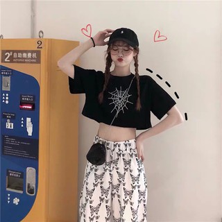 Áo Croptop Cổ Tròn Form Rộng Thêu Hình Mạng Nhện