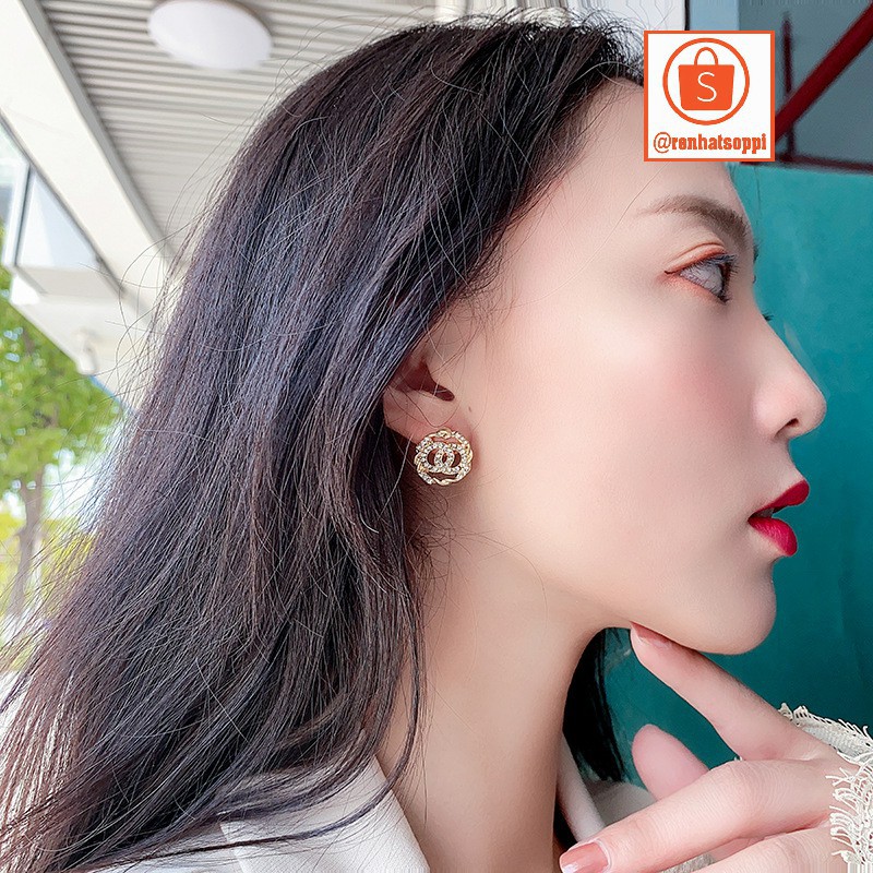 Bông tai nữ/khuyên tai nữ Hàn Quốc, phong cách double C đính đá đẹp