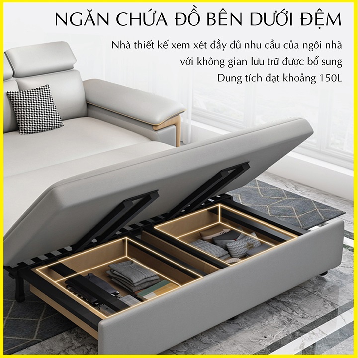 Giường Sofa Thông Minh Phong Cách Bắc Âu, Sofa Đa Năng Vải Nano Công Nghệ Cao KT 1,6m x 2m
