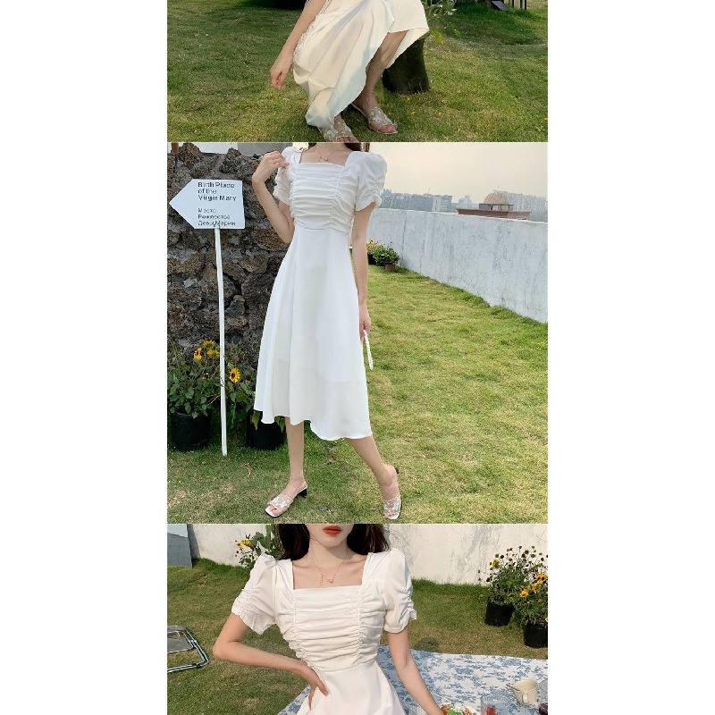 Summer New Women's Retro White Square-Cut Collar Pleated Sneaky Design Chic Design Dress French Gentle（Please Talk about the Size：Height/Weight）