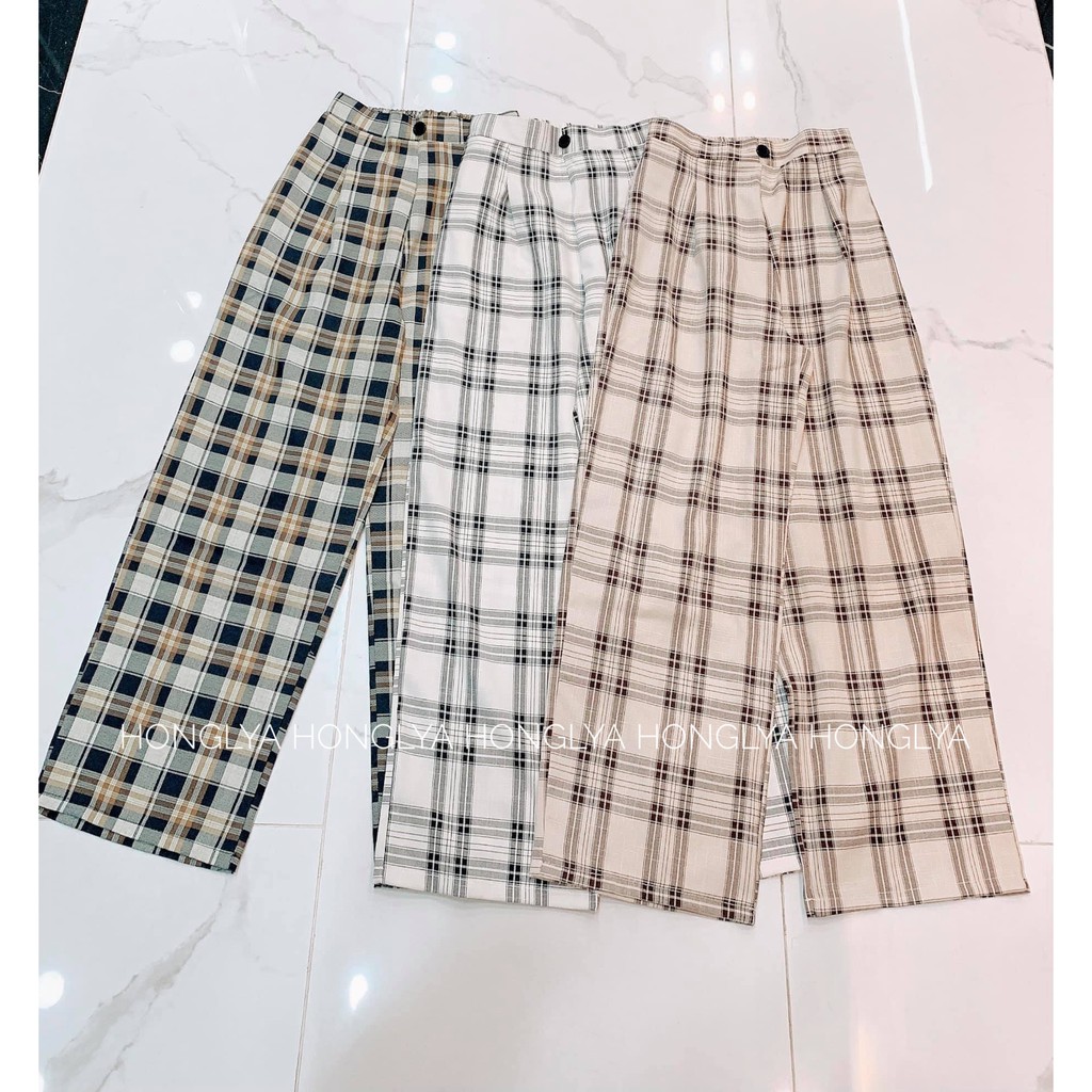 [Ảnh thật] Quần cullotes kẻ caro ống rộng phong cách ulzzang Hàn Quốc