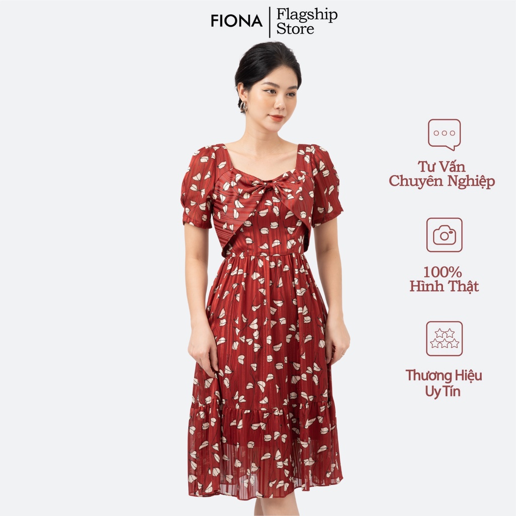 Đầm xòe cổ vuông Fiona, Đầm công sở xoắn nơ ngực tay nhún bồng màu đỏ F451406