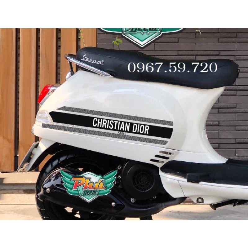 tem rời chrisrian Dio dán xe vespa Sprint, Vespa Primavera, Vespa Lx trắng đen