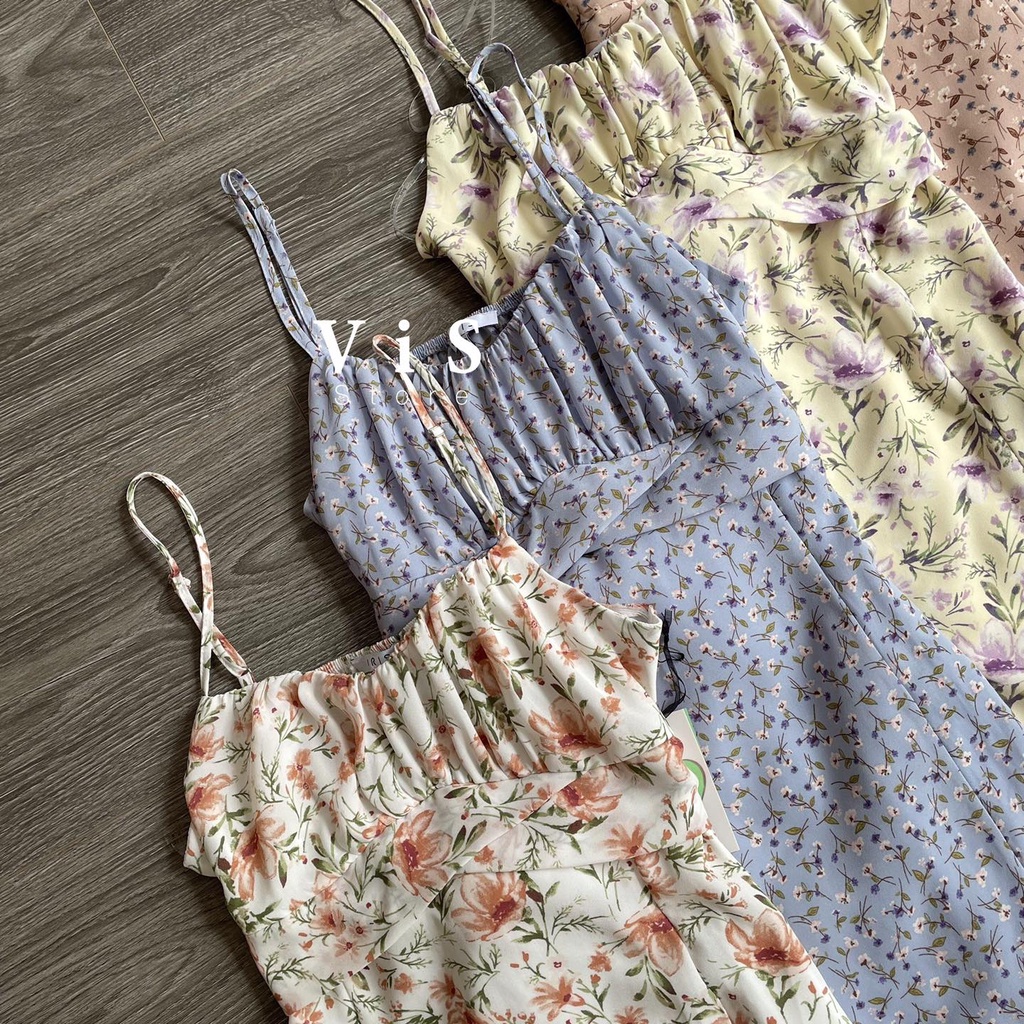 Đầm hai dây nữ hoa nhí smocking