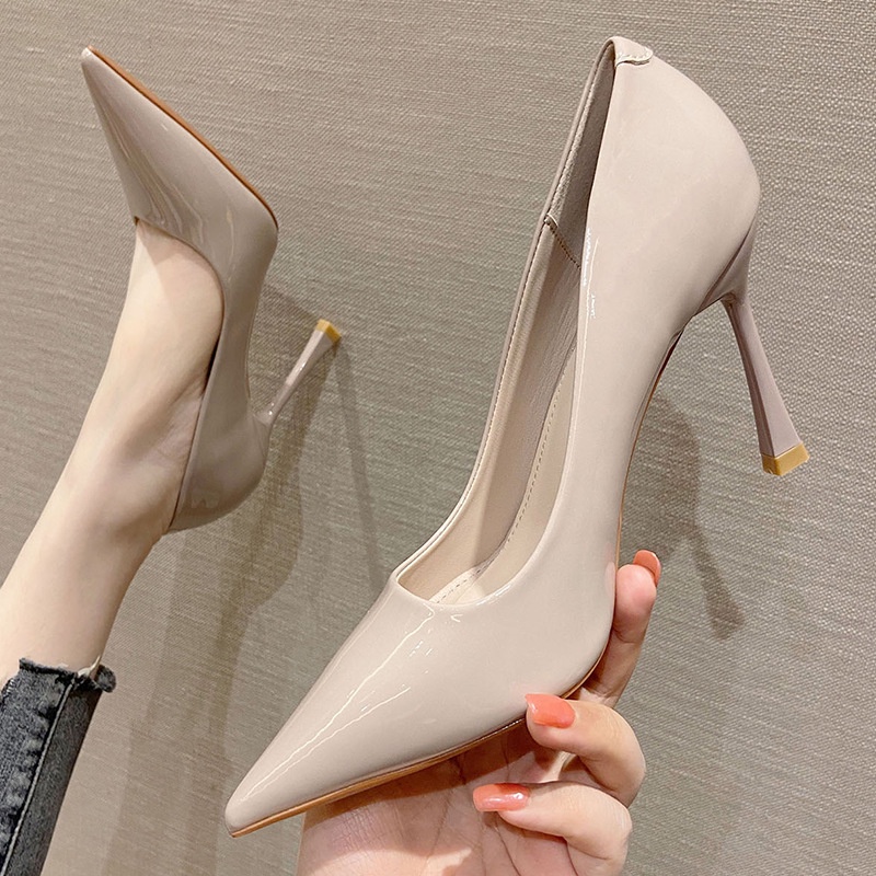 Giày Cao Gót 9.5CM Mũi Nhọn Miệng Nông Bằng Da Bóng Màu Trơn Thời Trang Quyến Rũ Cho Nữ