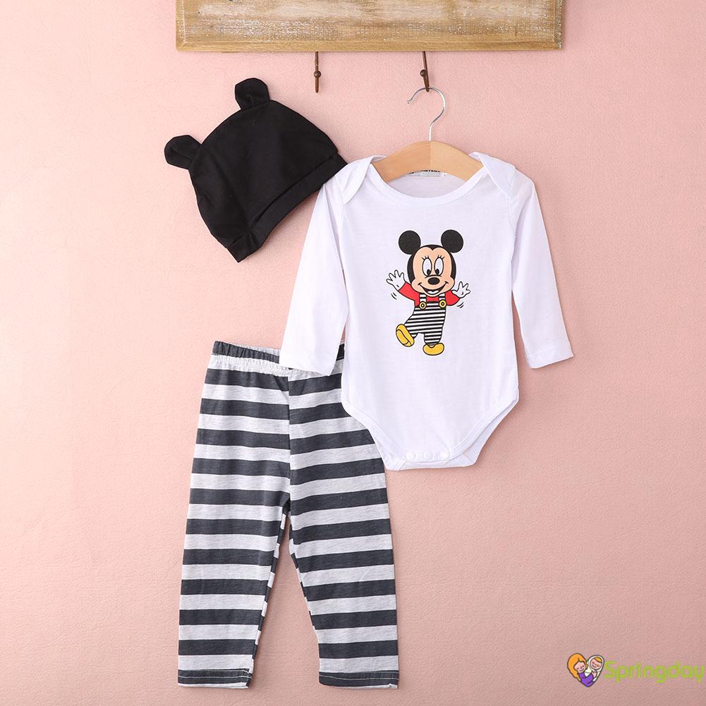 Bộ 3 Cái Gồm Áo Thun Hình Chuột Mickey+Quần Dài+Nón Cho Bé Sơ Sinh, Bé Gái