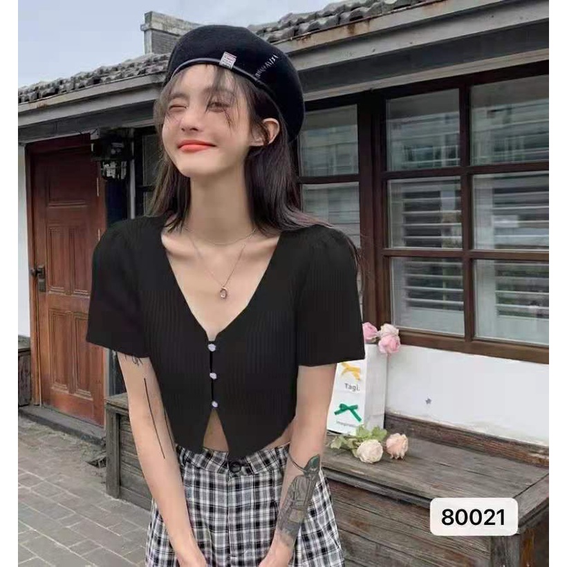 Áo sweater dệt kim Xiaozhainv tay ngắn phồng cổ chữ v 3 màu lựa chọn phong cách vintage thời trang cho nữ