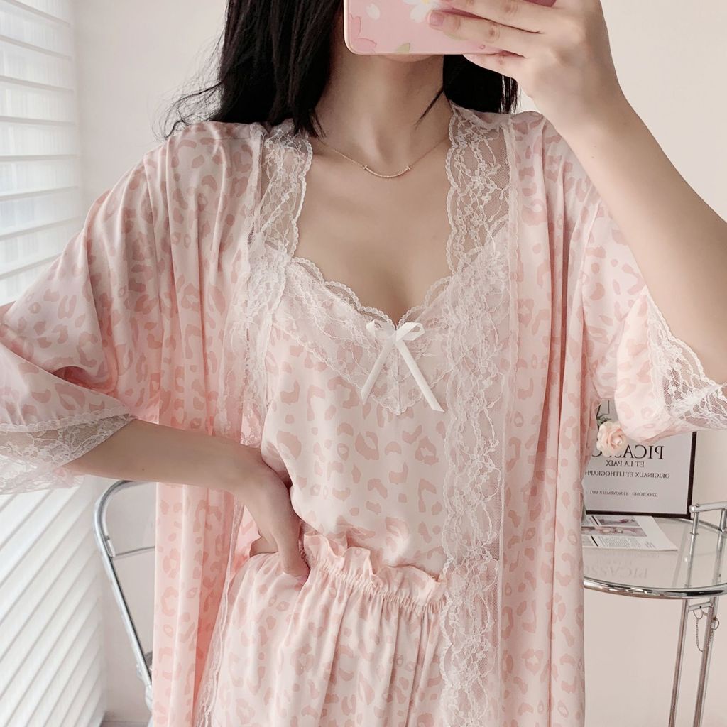 Bộ Đồ Ngủ 3 Món Bằng Lụa Satin Viền Ren Gợi Cảm Cho Nữ