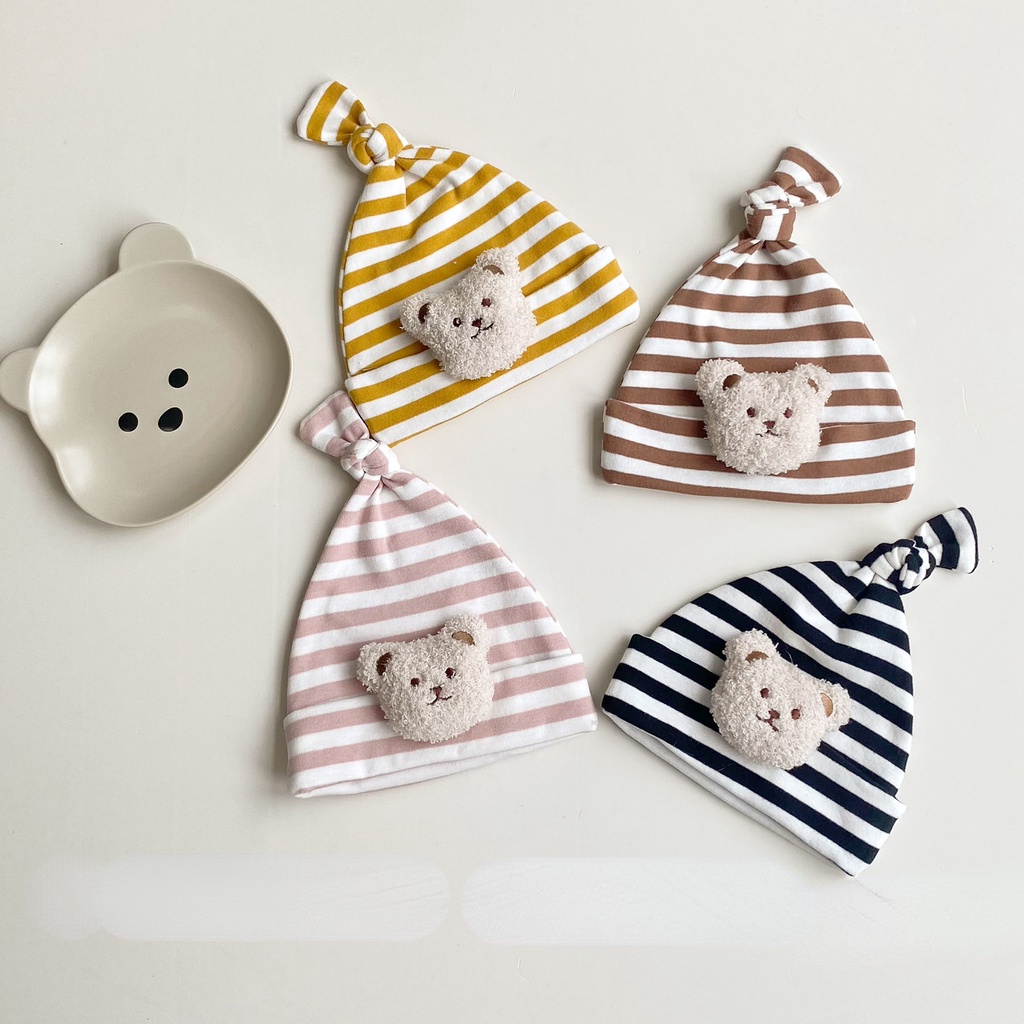 Mũ Lưỡi Trai Kẻ Sọc Đính Hình Gấu Dễ Thương Cho Bé