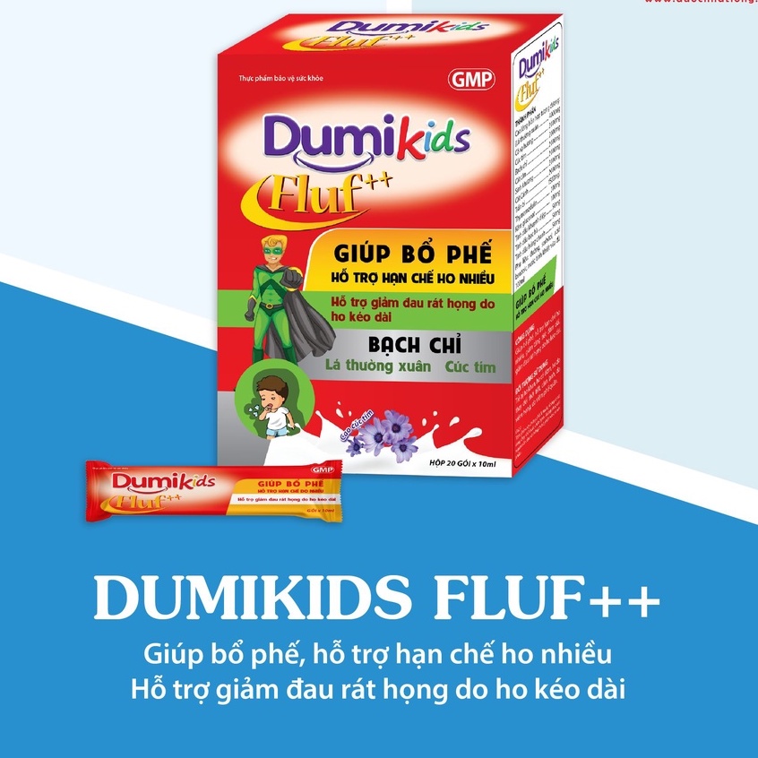 Dumikids Fluf++ hộp 20 gói - Giúp bổ phế, hỗ trợ hạn chế ho kéo dài