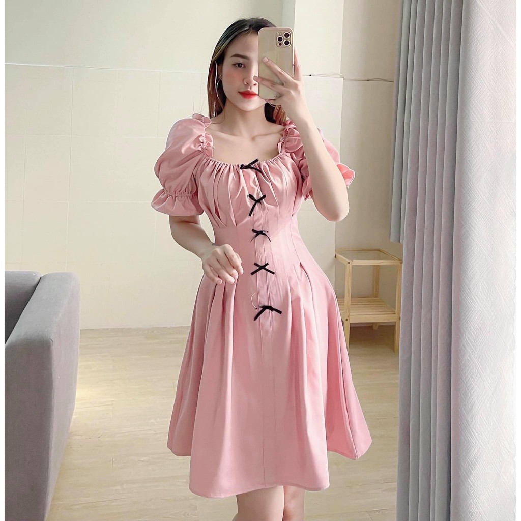 (FREESHIP- HÀNG CÓ SẴN-SLL) CB074 _Đầm ly eo tay bồng nơ đen  ❤️ CHIBEST