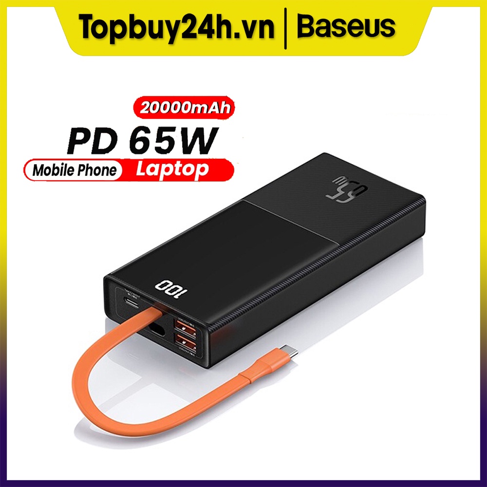 Pin Sạc Dự Phòng Baseus 20000mAh 65W 3 Cổng Sạc Nhanh Với Cáp Loại C Dùng Cho Điện Thoại Laptop