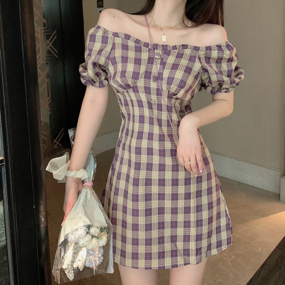 Đầm nữ , váy nữ dáng ôm tay bồng họa tiết caro phong cách retro ATILA SHOP | BigBuy360 - bigbuy360.vn