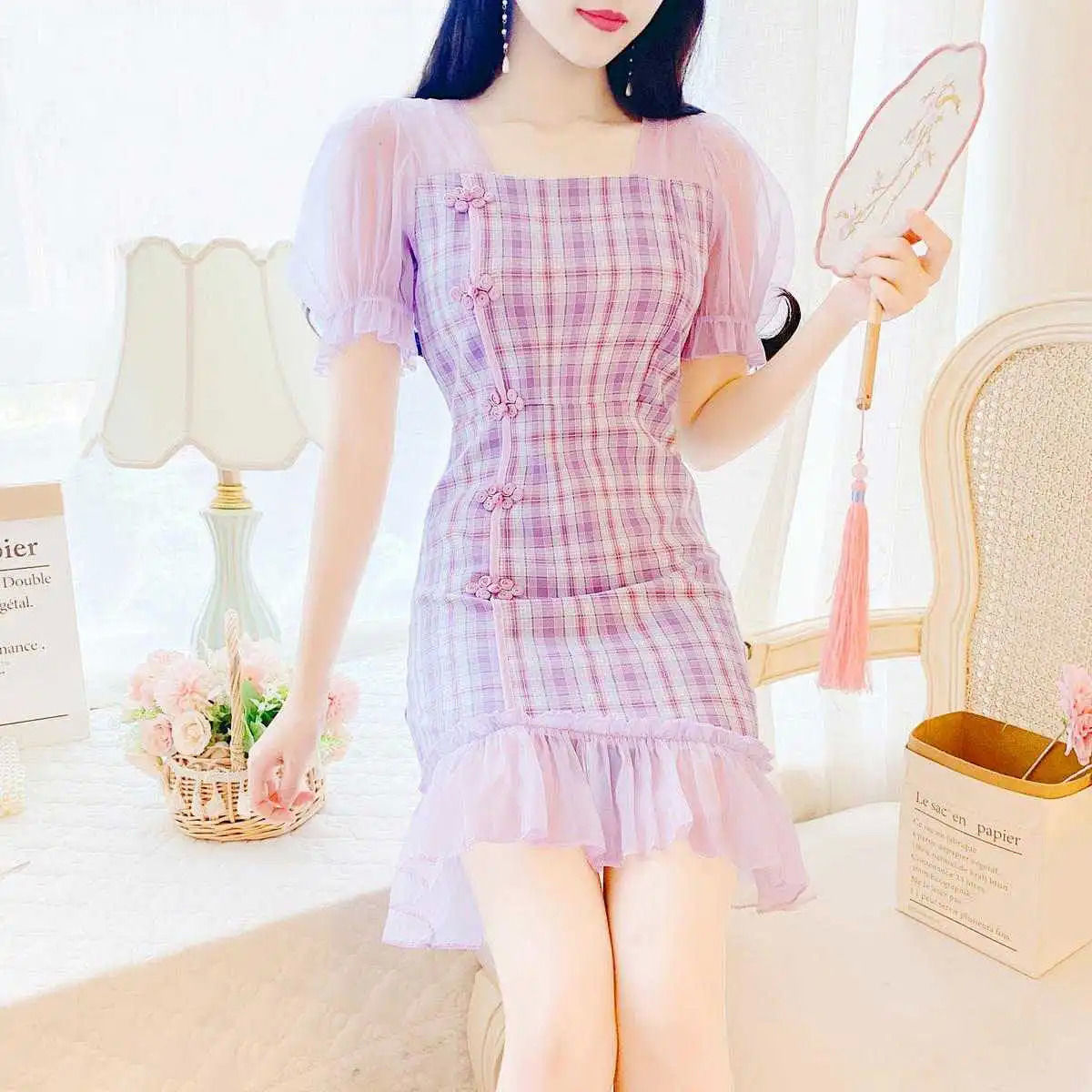 Women Off Shoulder Square Neck Puff Sleeve Ladies Small Dress | BigBuy360 - bigbuy360.vn