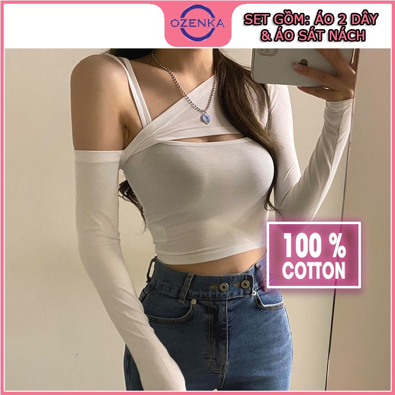 ✤✷✻Áo croptop kiểu hàn quốc nữ ozenka , set dài tay trễ vai kèm 2 dây ôm body thun gân cotton màu đen trắng
