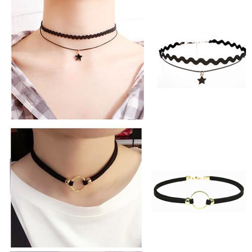 Set 2 vòng cổ dây chuyền choker nữ vải nỉ ngôi sao vòng tròn phong cách hàn quốc cá tính